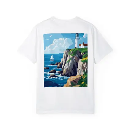 Lighthouse On Rocky Coastal Cliffs Sailboat