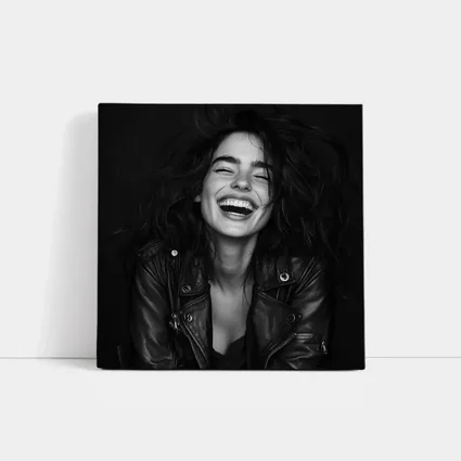Laughing Woman Leather Jacket Black Background