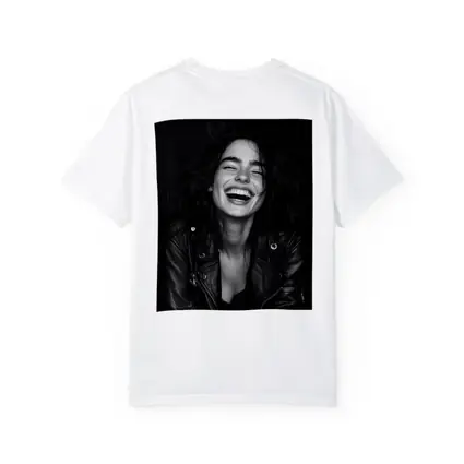 Laughing Woman Leather Jacket Black Background