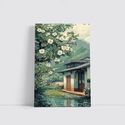 Rainy Chinese Village House White Blossoms