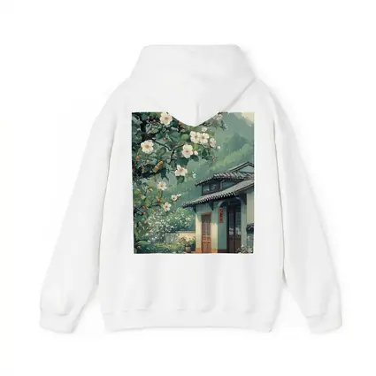 Rainy Chinese Village House White Blossoms