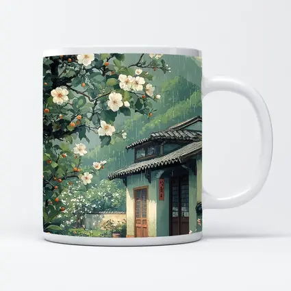 Rainy Chinese Village House White Blossoms