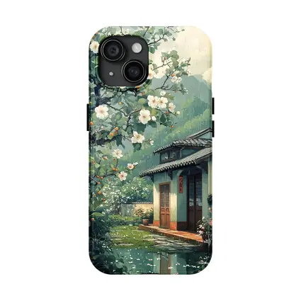 Rainy Chinese Village House White Blossoms