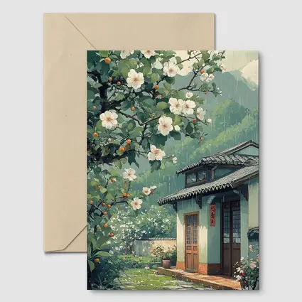 Rainy Chinese Village House White Blossoms