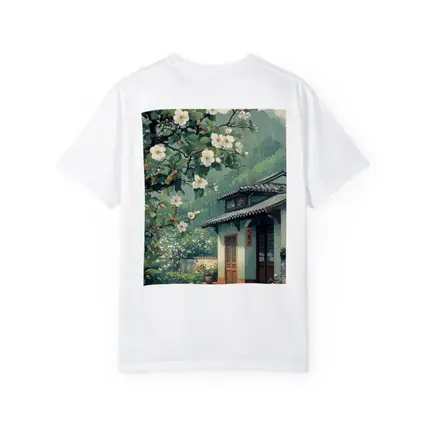 Rainy Chinese Village House White Blossoms