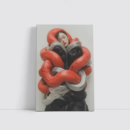 Woman Wrapped In Red Gray Snakes