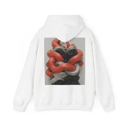 Woman Wrapped In Red Gray Snakes