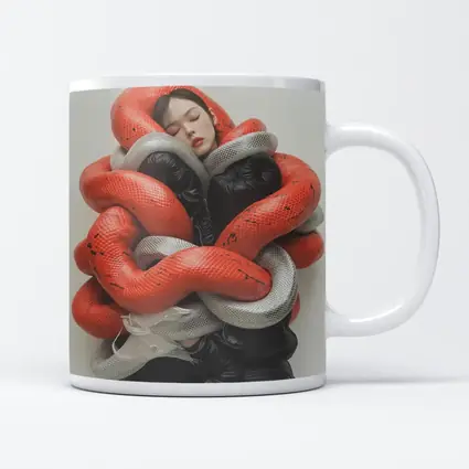 Woman Wrapped In Red Gray Snakes