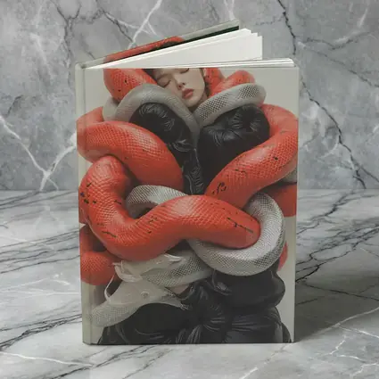 Woman Wrapped In Red Gray Snakes