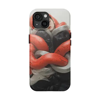 Woman Wrapped In Red Gray Snakes