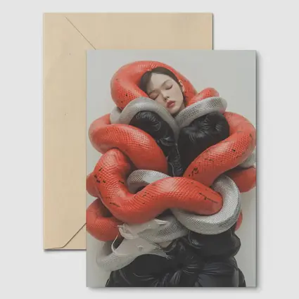 Woman Wrapped In Red Gray Snakes