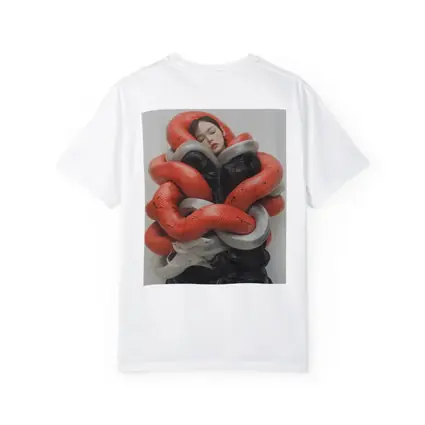 Woman Wrapped In Red Gray Snakes