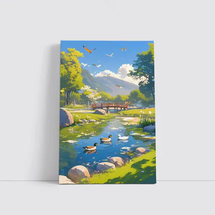 Ducks Swimming By Bridge Anime Landscape