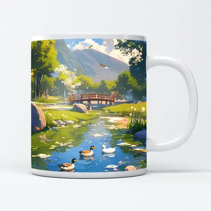 Ducks Swimming By Bridge Anime Landscape