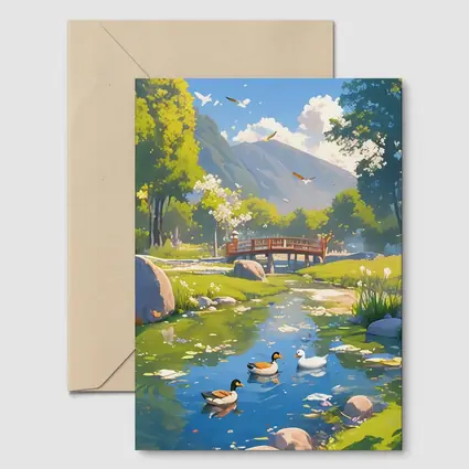 Ducks Swimming By Bridge Anime Landscape