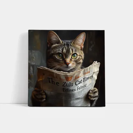 Tabby Cat Reading Newspaper Funny Art