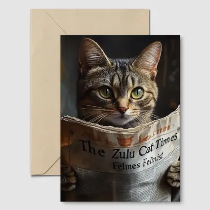 Tabby Cat Reading Newspaper Funny Art