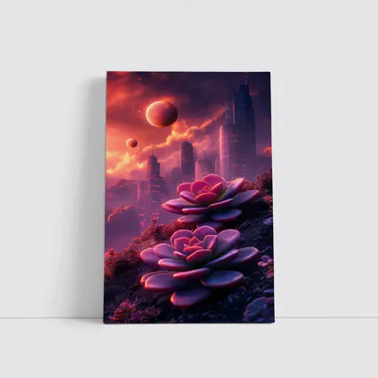 Succulent Flowers Futuristic City Purple Sky
