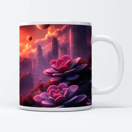 Succulent Flowers Futuristic City Purple Sky
