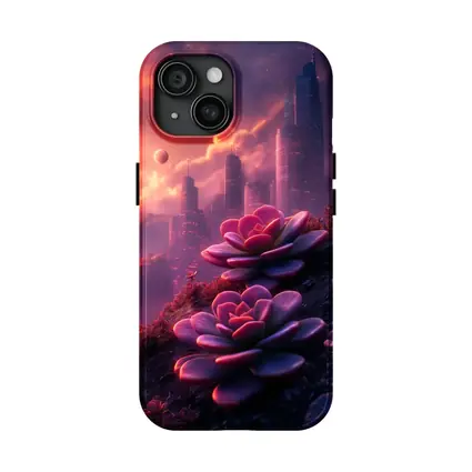 Succulent Flowers Futuristic City Purple Sky