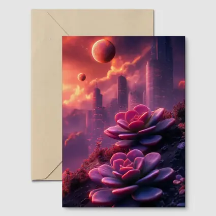Succulent Flowers Futuristic City Purple Sky