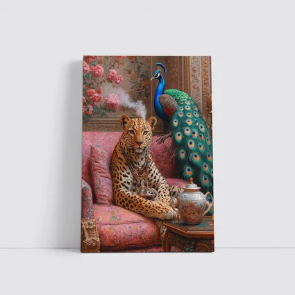 Leopard and Peacock in Ornate Victorian Interior