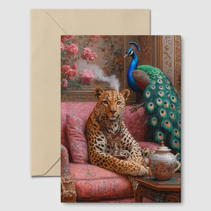 Leopard and Peacock in Ornate Victorian Interior