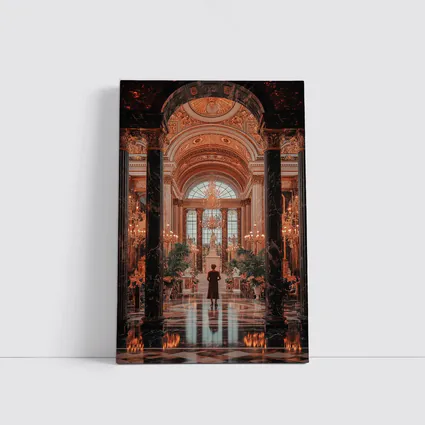 Woman Standing in Grand Baroque Palace Hall