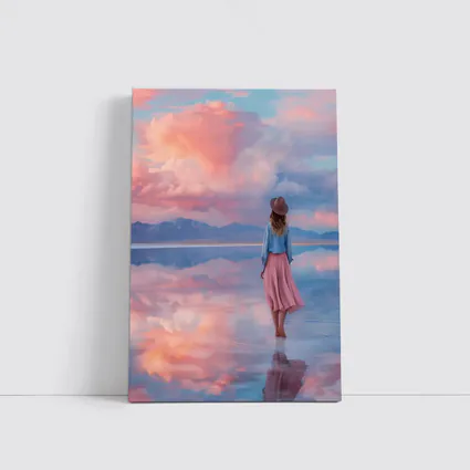 Woman Walking Pink Sky Salt Flats