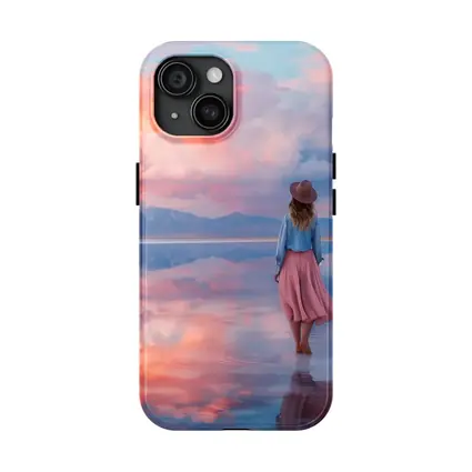Woman Walking Pink Sky Salt Flats