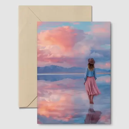 Woman Walking Pink Sky Salt Flats