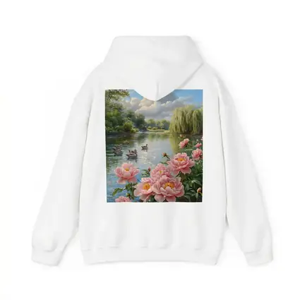 Pink Peonies by Peaceful Lake with Ducks