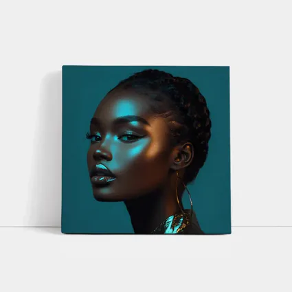 Black Woman Portrait Teal Neon Light