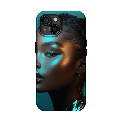 Black Woman Portrait Teal Neon Light