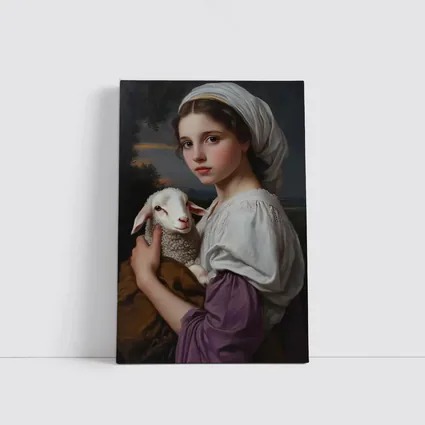 Young Girl Holding Lamb Classical Portrait