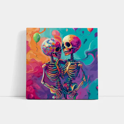 Colorful Skeletons Embracing Balloon Party Background