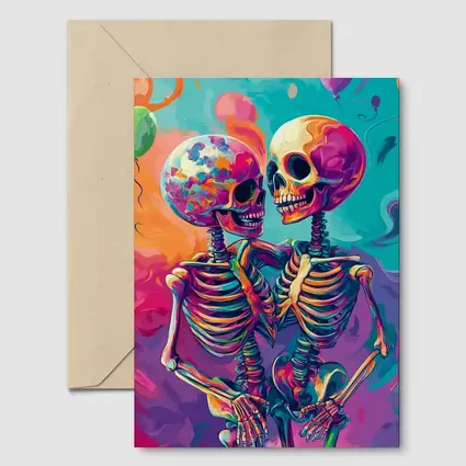 Colorful Skeletons Embracing Balloon Party Background