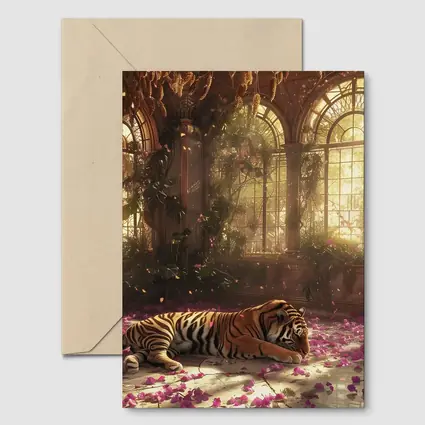 Tiger Resting in Overgrown Sunlit Greenhouse