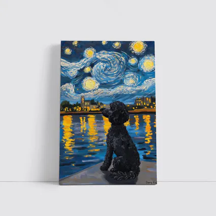 Black Poodle Starry Night Van Gogh Style