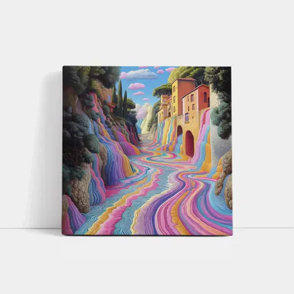 Surreal Colorful River Flowing Through Village