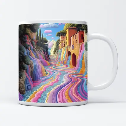 Surreal Colorful River Flowing Through Village