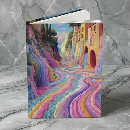Surreal Colorful River Flowing Through Village