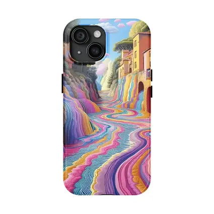 Surreal Colorful River Flowing Through Village