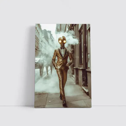 Gold Masked Figure Walking City Street