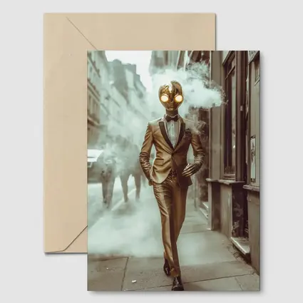 Gold Masked Figure Walking City Street