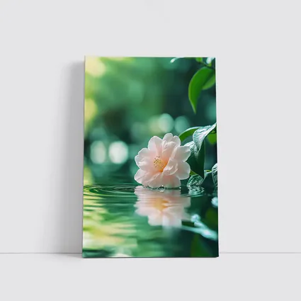 Pink Camellia Floating on Green Water