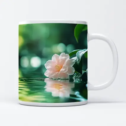 Pink Camellia Floating on Green Water