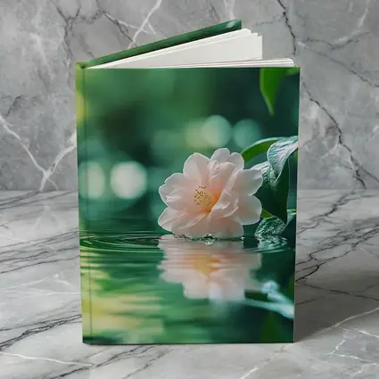 Pink Camellia Floating on Green Water