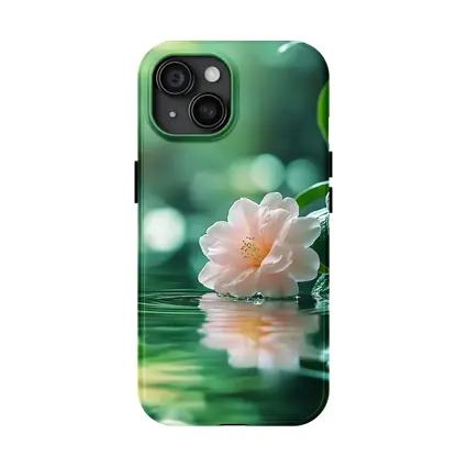 Pink Camellia Floating on Green Water
