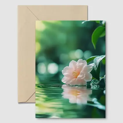 Pink Camellia Floating on Green Water